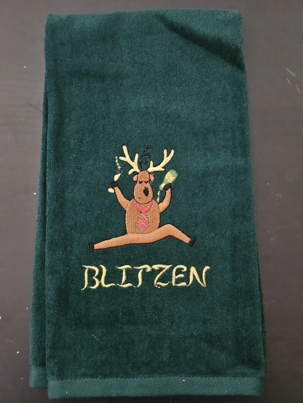 Embroidered Reindeer Holiday Kitchen Towels - Dark Green